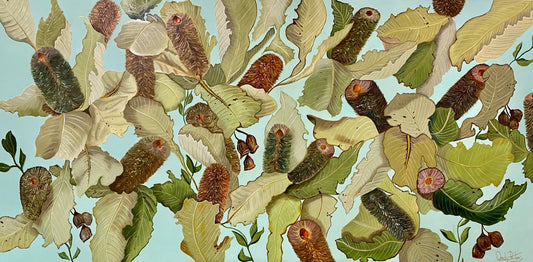 Banskia Robur, by Wendy Peters, Australian Botanical Art.  A detailed painting of swamp bankisa and their soft green leaves on a pale blue turquoise background