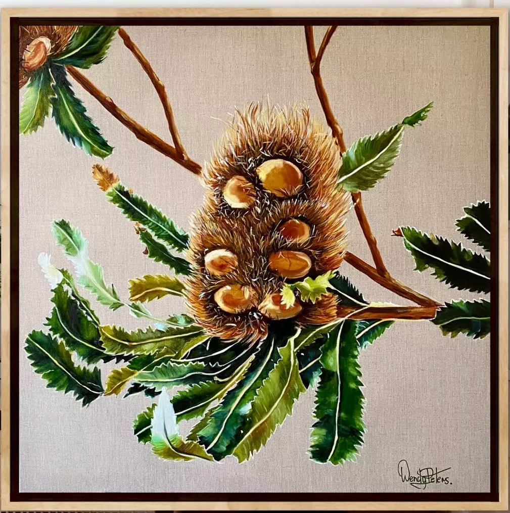 Banksia Serrata by Wendy Peters a Framed artwork of a botanical subject, featuring a painting of a Banksia Serrata plant with green leaves and brown spiky fruits, set against a raw linen background.