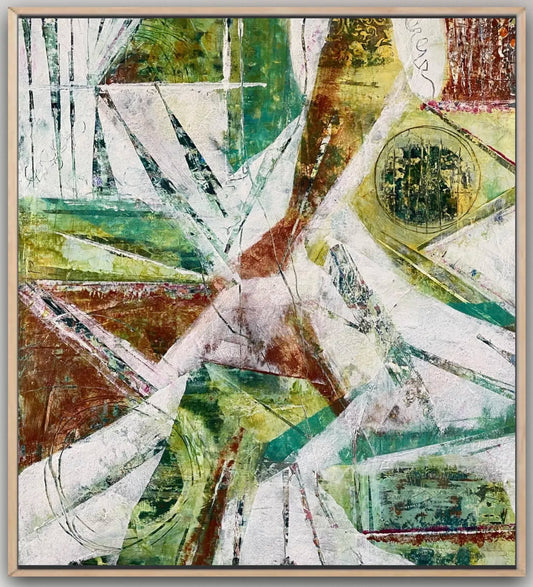 An abstract cold wax and oil painting featuring a variety of geometric shapes and warm colors, such as green and white, with a wooden frame.