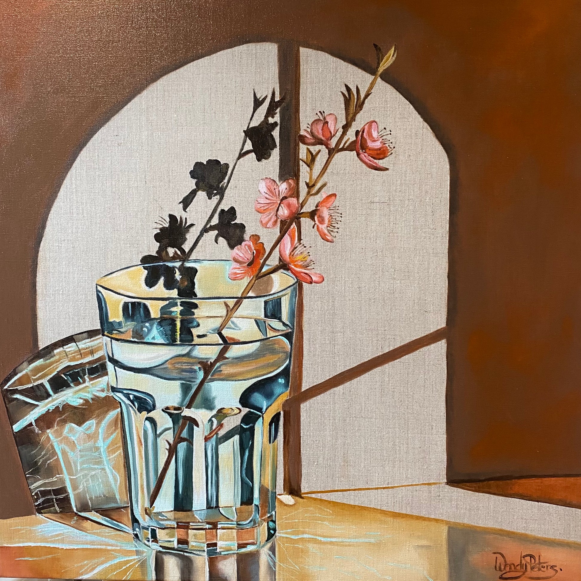 Blue galls and blossom, a still life painting of an simple faceted water glass with a blossom sprig throwing interesting shadows on the window behind.