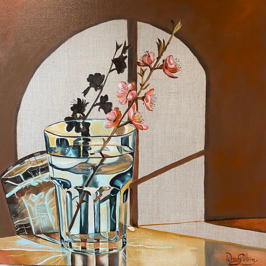 Blue galls and blossom, a still life painting of an simple faceted water glass with a blossom sprig throwing interesting shadows on the window behind.