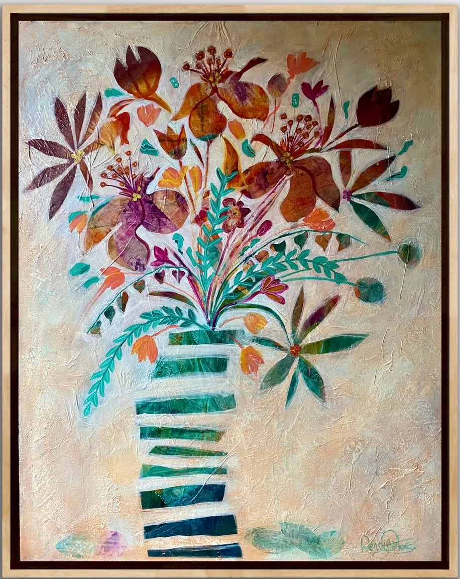 A framed mixed media artwork featuring a colorful bouquet of flowers with leaves, painted with a textured background in a vase.