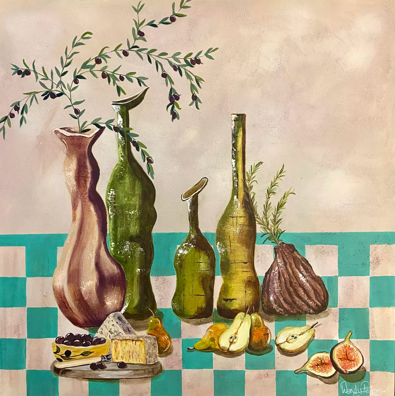 A painting by Wendy Peters featuring a still life composition with bottles, pears, blue cheese, and a organic vases arranged on a turquoise checkered pattern. The background is a dusty pink plaster.