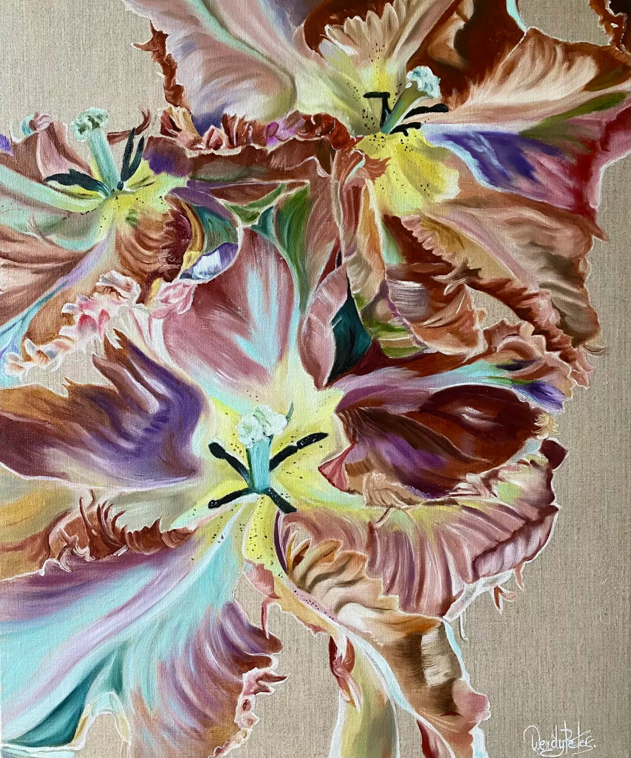 The Unfurled Tulip by Wendy Peters Contemporary Australian Artist. A vibrant painting featuring a cluster of tulips with a mix of beautiful shades such as velvety purples, soft pinks, icy greens, and turquoise, on a natural linen background.