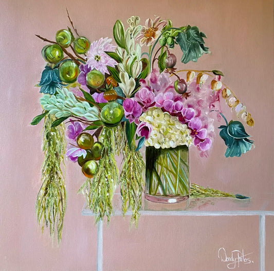 Boudoir Bouquet an exquisite oil painting by Wendy Peters of a floral arrangement with a mix of green, pink, and white colors, displayed on a perspex table.
