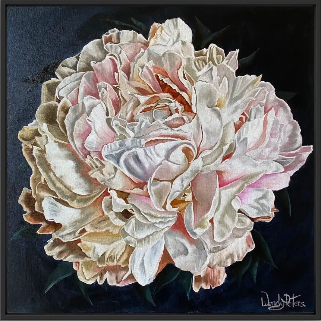 Whispers of Radiance by Wendy Peters. A framed painting depicting a large, pale pink peony flower with a background of dark tones, highlighted by natural light. A stunning statement piece.