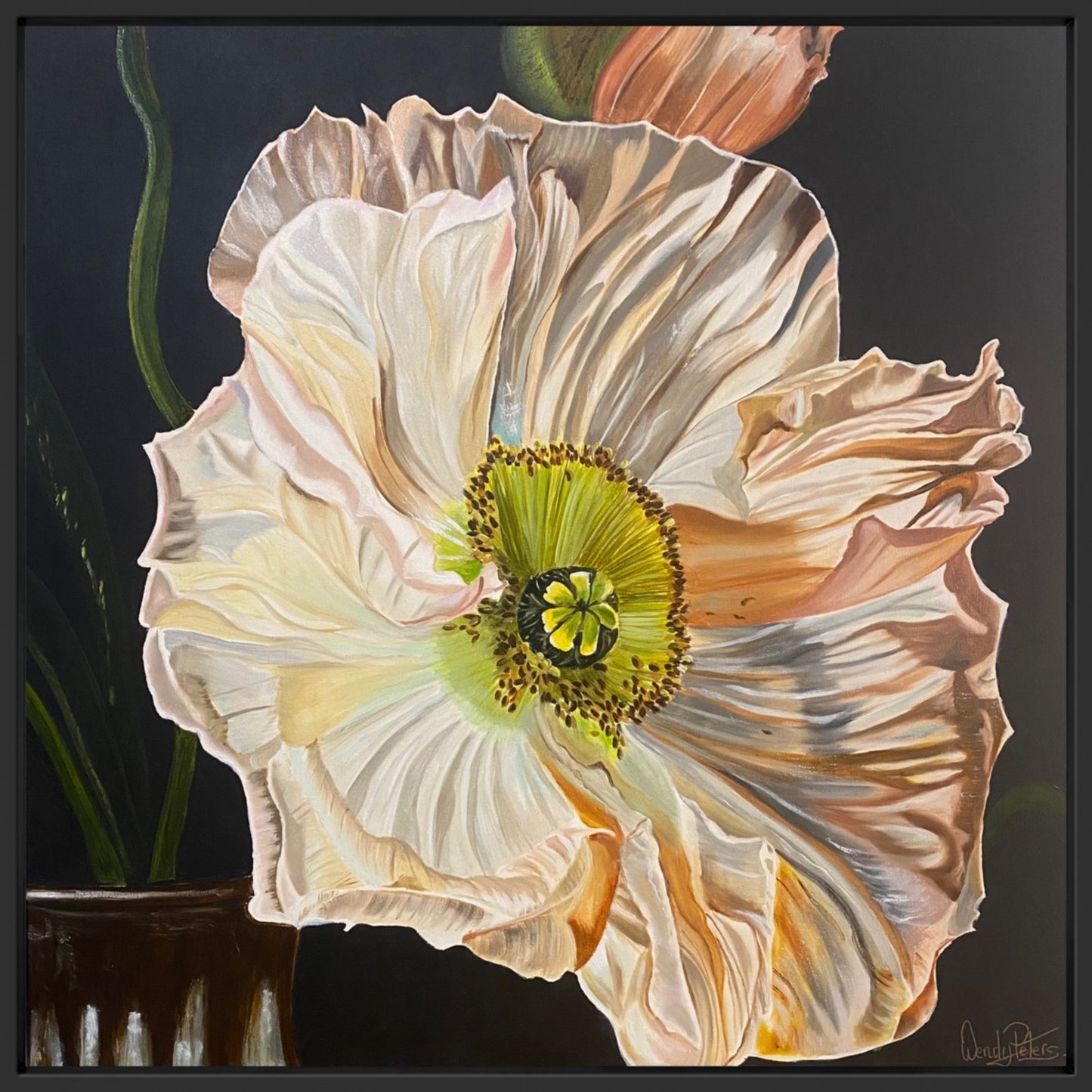Poppy's Embrace painting by Wendy Peters, featuring the beautiful pleated petals of the poppy in warm peach, white and sienna.