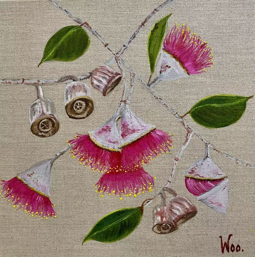 A painting on linen canvas depicting Australian native gum nut blossoms with green leaves and pink floral details.