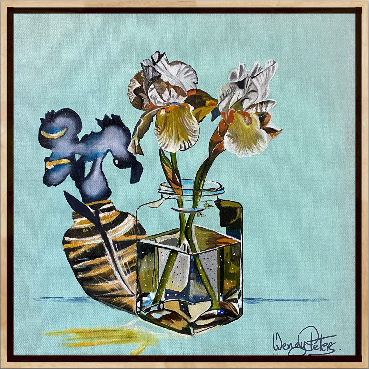 Quirky depiction of flowers in a glass jar with reflections on a light blue background, by Wendy Peters.