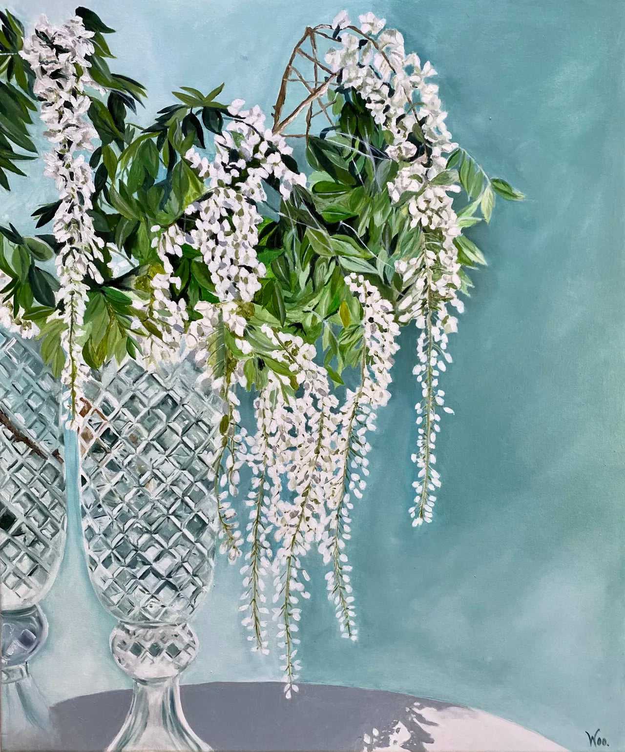 A oil painting featuring a crystal vase with white floral designs against a blue-green background, titled 'Stillness and Hope'.