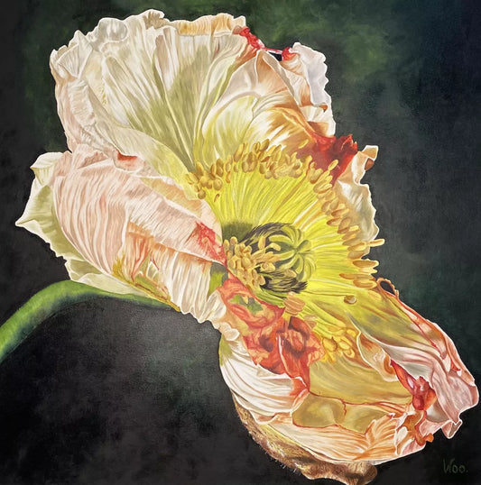 Gilded Embrace oil painting  by Wendy Peters. A contemporary abstract painting of a poppy flower with gilded petals, predominantly in yellow and red colors against a dark background.