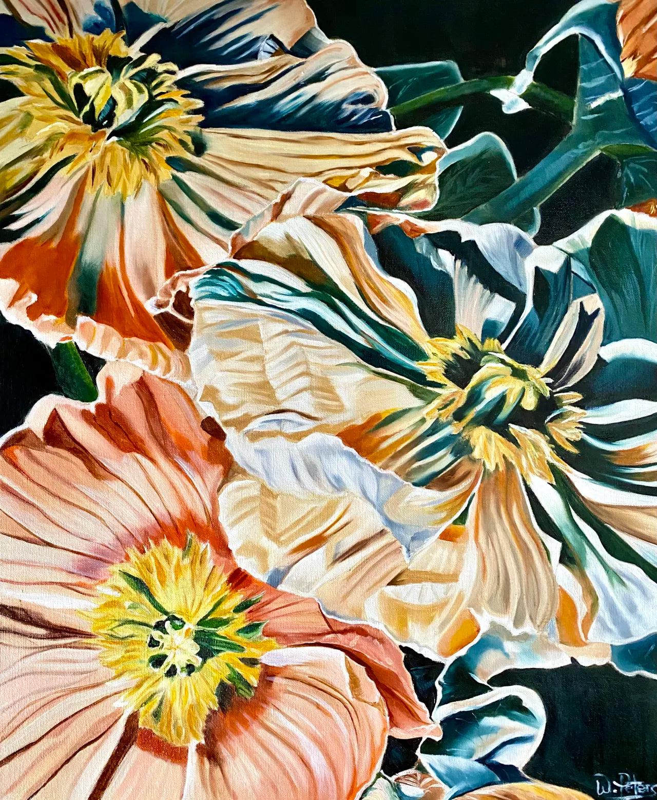 Peach Fuzz Poppies by Wendy Peters a unique oil painting of three poppies in full bloom, with peach, burnt sienna, and blue colors, giving it a unique abstracted feel.