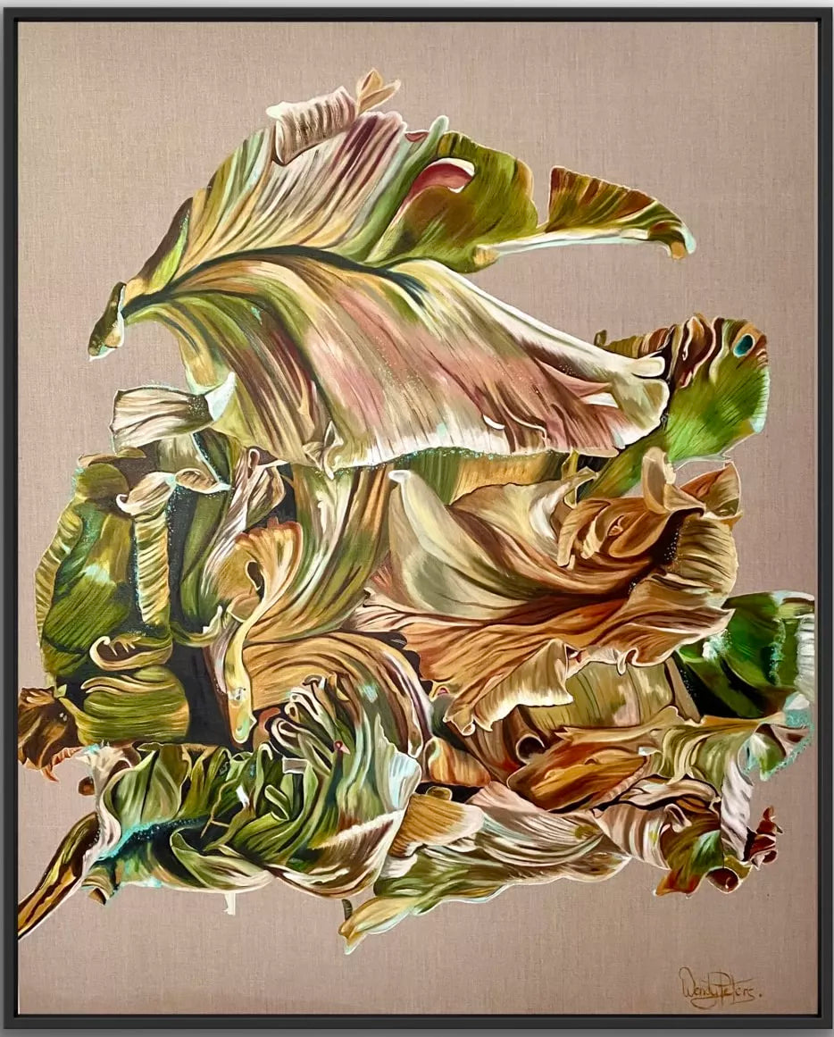 Tulip Tapestry painting by Wendy Peters A featuring a still life composition of tulip petals with a palette of multiple shades of green, sienna, yellow ochre, and hints of Indian red and turquoise, with metallic gold highlights.