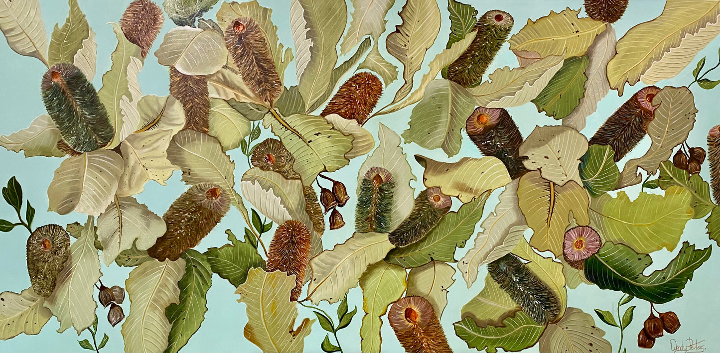 Banskia Robur, by Wendy Peters, Australian Botanical Art.  A detailed painting of swamp bankisa and their soft green leaves on a pale blue turquoise background