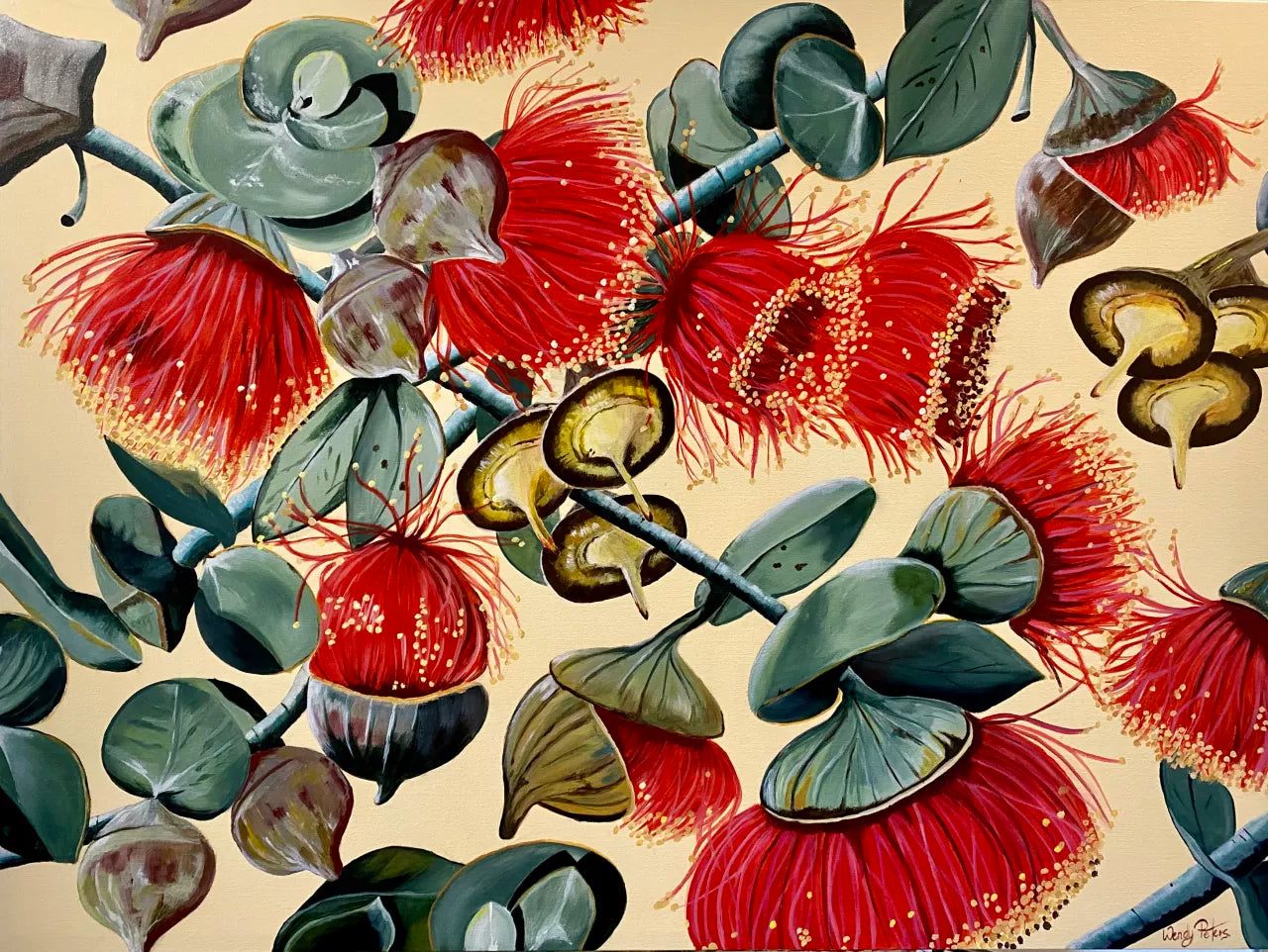 Gum Nut Glory by Wendy Peters a painting featuring  a detailed depiction of red gum nuts with blue/green leaves on a  cream background. A contemporary piece to suit any interior.