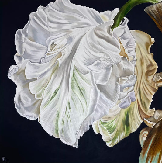 limited edition print depicting a detailed close up of a white tulip on a black background, showcasing the artwork's crisp and clean lines. by Wendy Peters