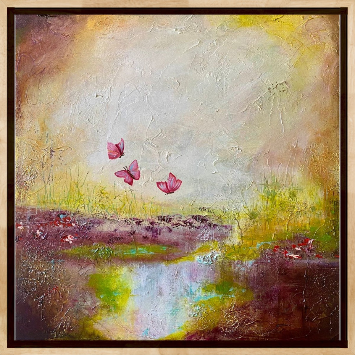Abstract painting by wendy peters of a fantasy sunlit lake with pink butterflies drifting above