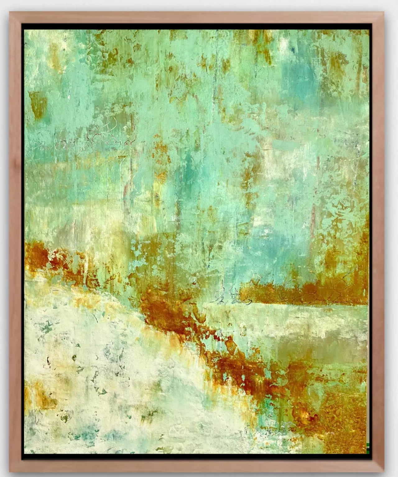 An abstract cold wax painting with predominantly blue and brown hues, with textures that evoke a natural landscape. by Wendy Peters
