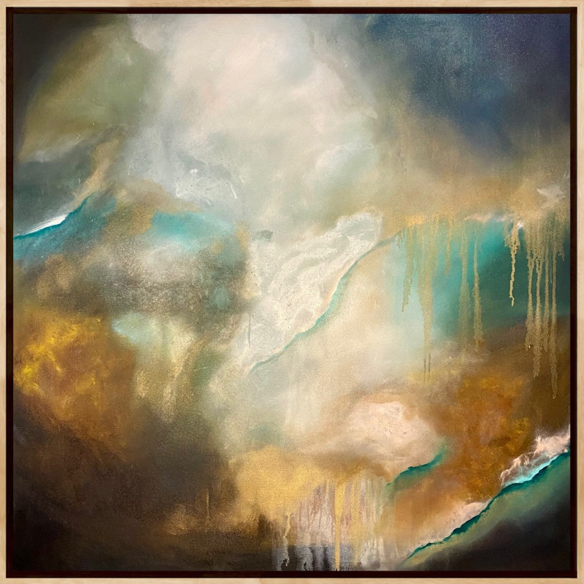 The Lightness of Being by Wendy Peters Fine Art a dramatic abstract sky painting in bold shades of umber, turquoise with golden rain