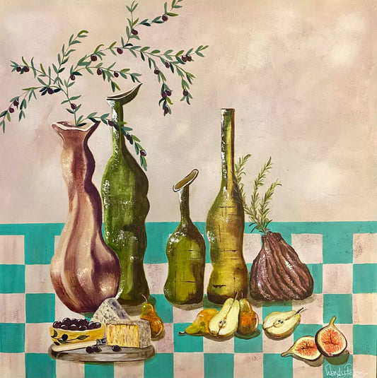 A painting by Wendy Peters featuring a still life composition with bottles, pears, blue cheese, and a organic vases arranged on a turquoise checkered pattern. The background is a dusty pink plaster.