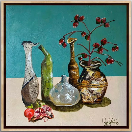 A textured acrylic original painting my Wendy peters, featuring quirky pots one with gum nuts in one and pomegranates on the table. 