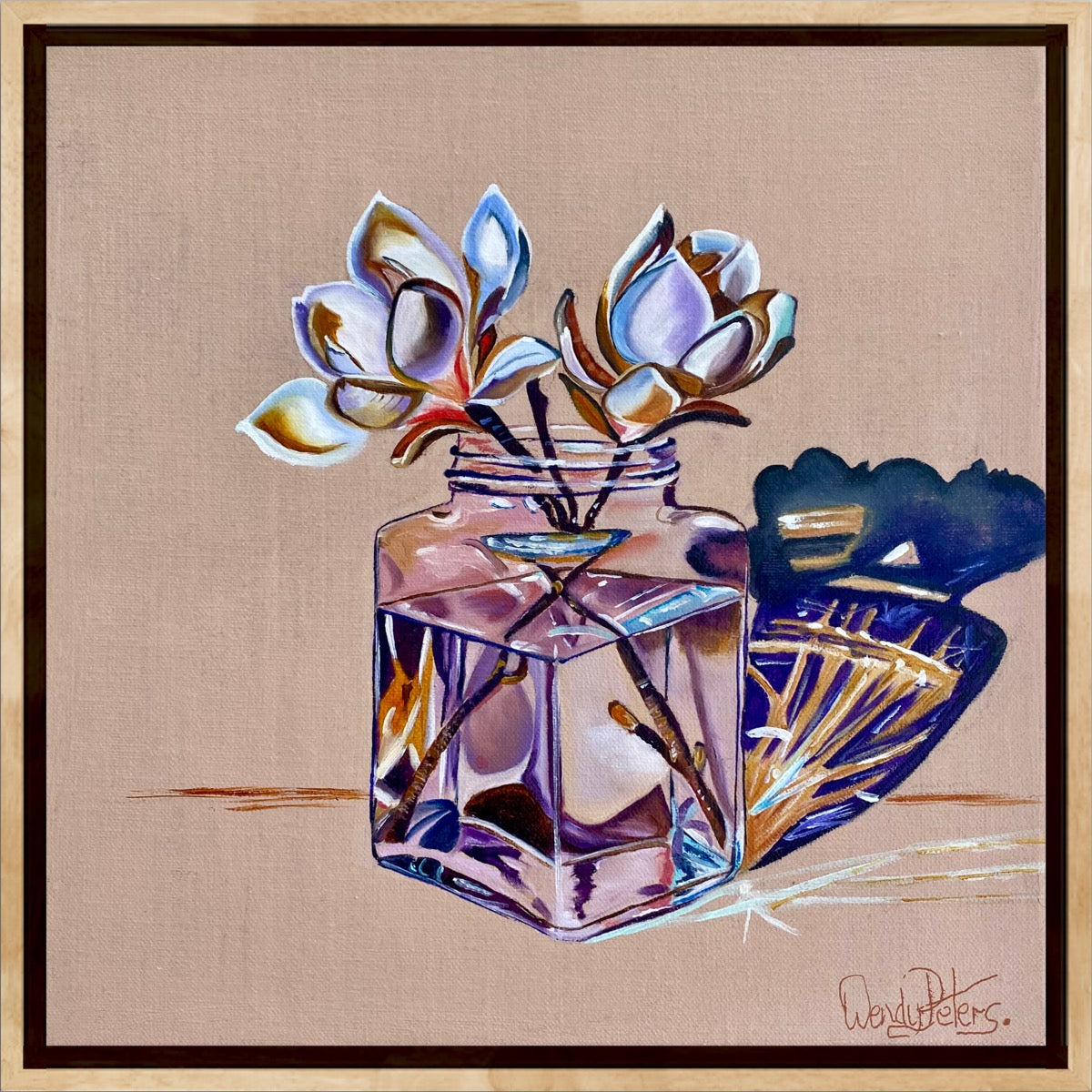 painting of magnolias in a glass bottle on a textured beige background with reflections on wall