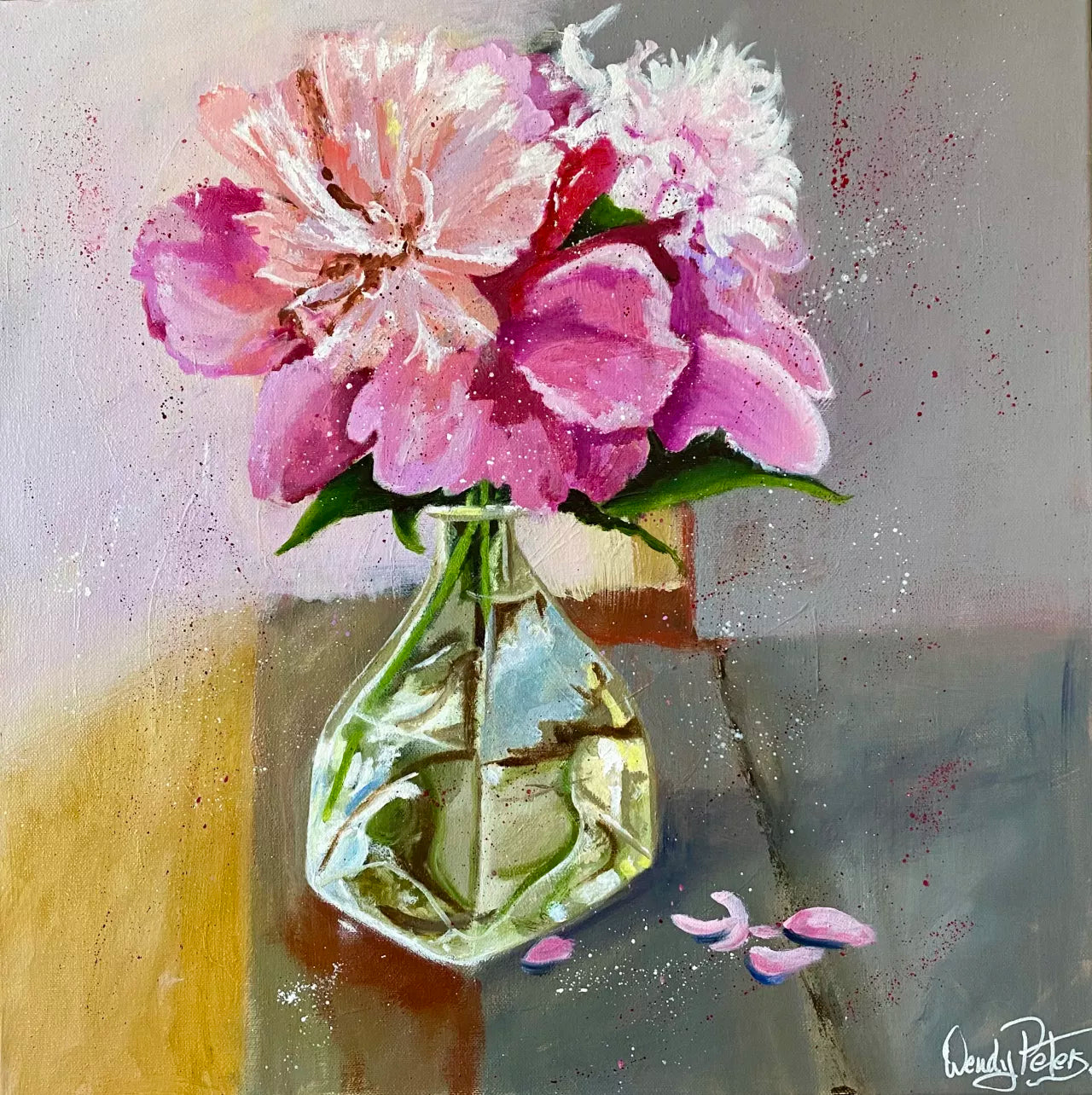 A painting by Wendy Peters featuring delicate pink flowers arranged in a clear glass vase in  a semi-abstract style