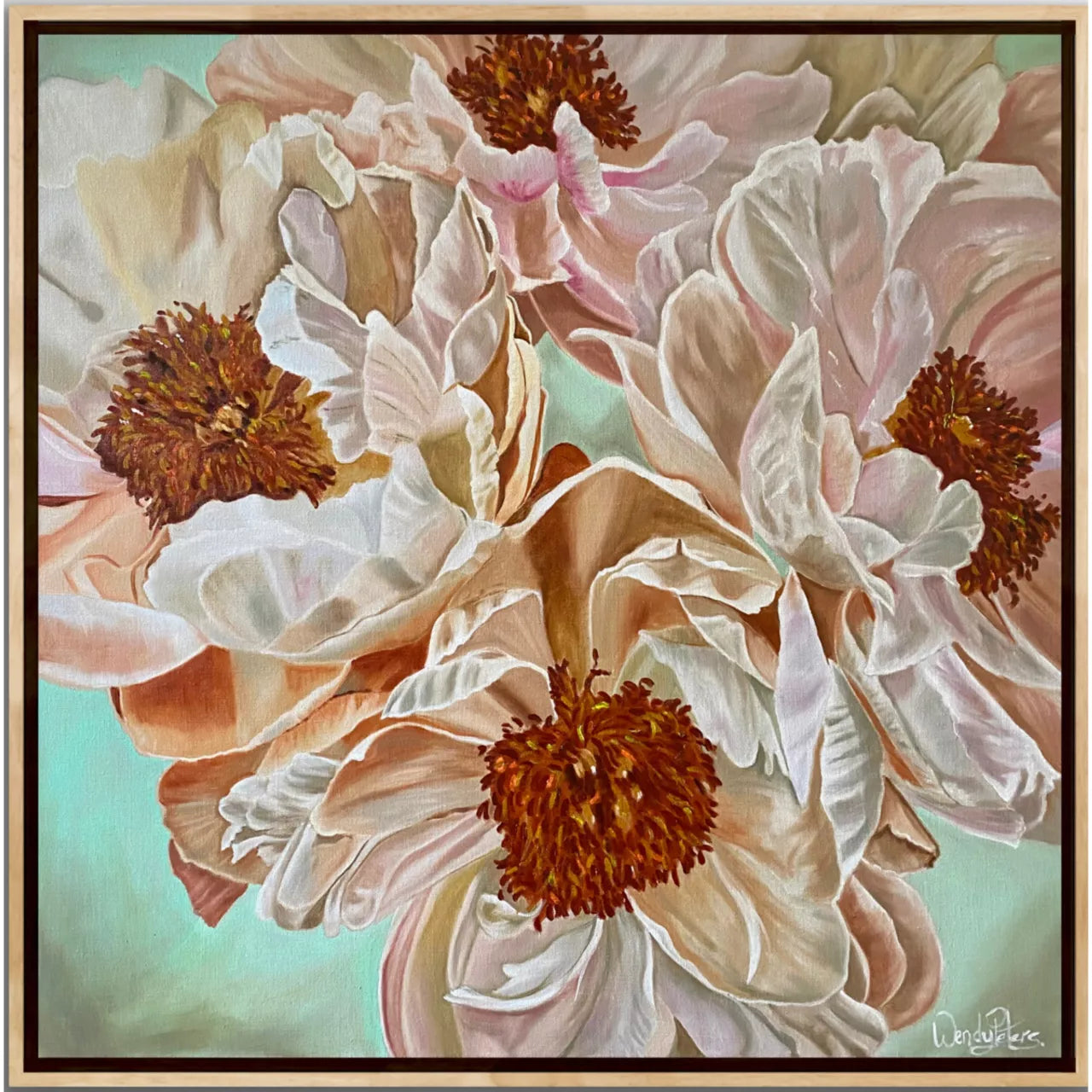Sienna Blush Peonies by Wendy Peters. A framed painting featuring a close-up of four peonies with sienna and peach petals against a duck egg blue background, encased in an oak float frame.