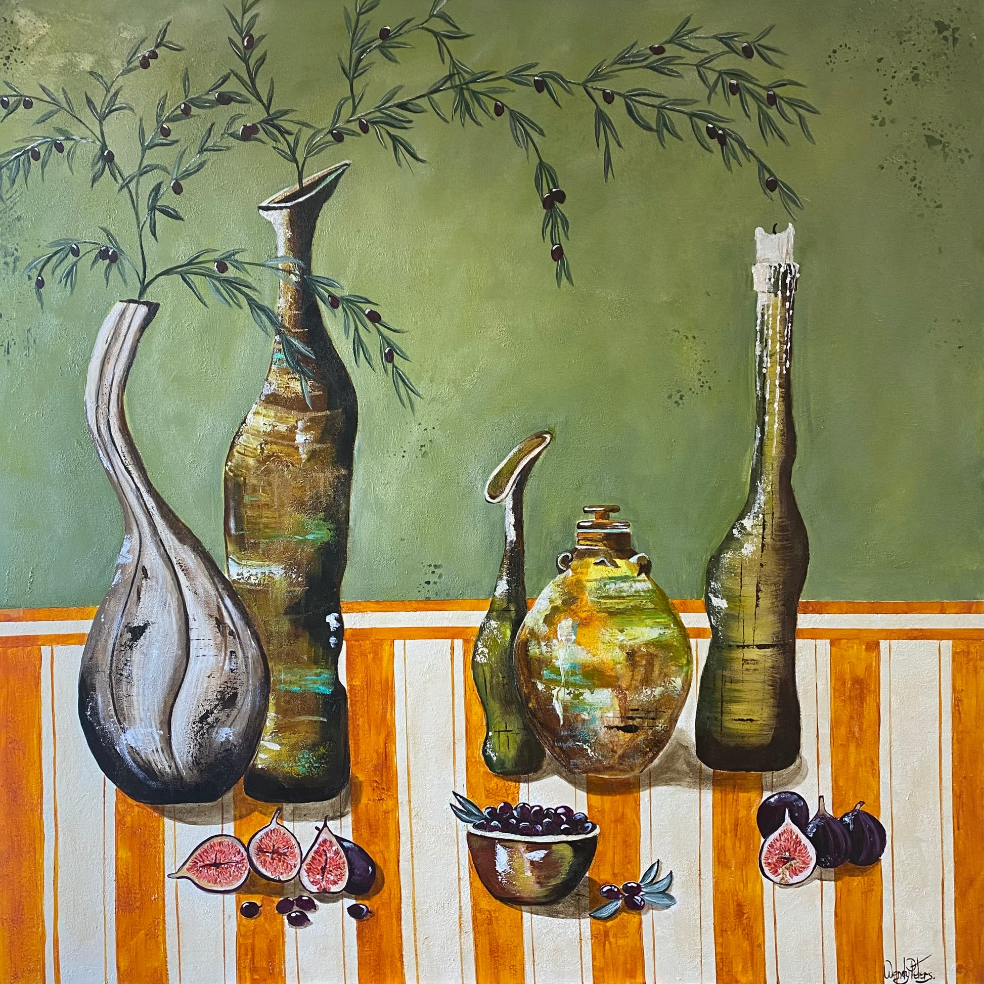A painting of textured vessels one with an olive branch one with a melted candle with figs and olives on a striped sienna coloured tablecloth by wendy peters
