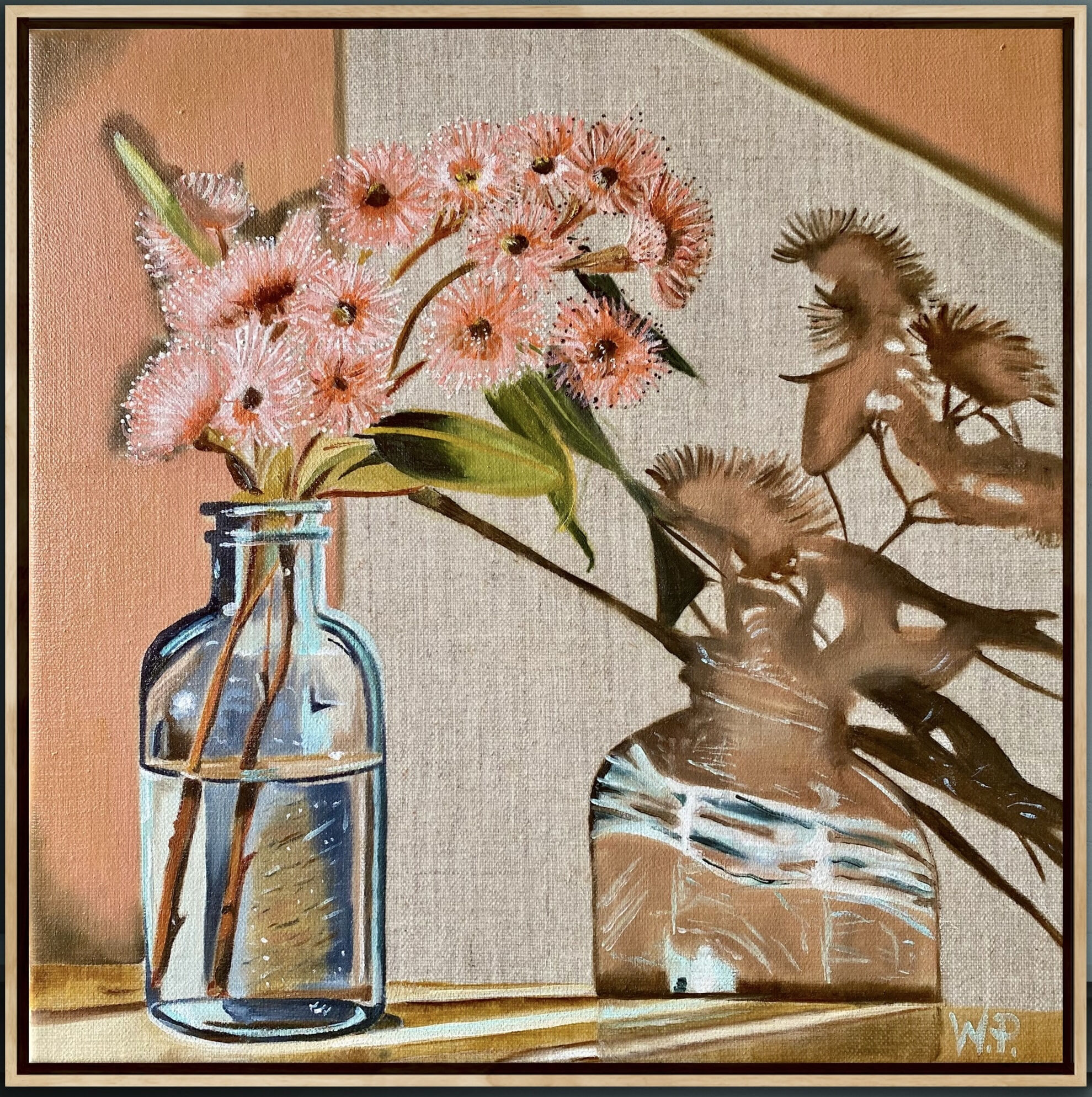 Blue_vase_and_gum_nuts_framed_oil_30x30_wendy_peters