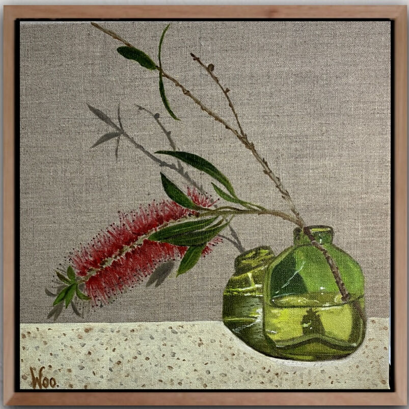 Bottle_and_Brush_30x30_framed_Wendy_Peters