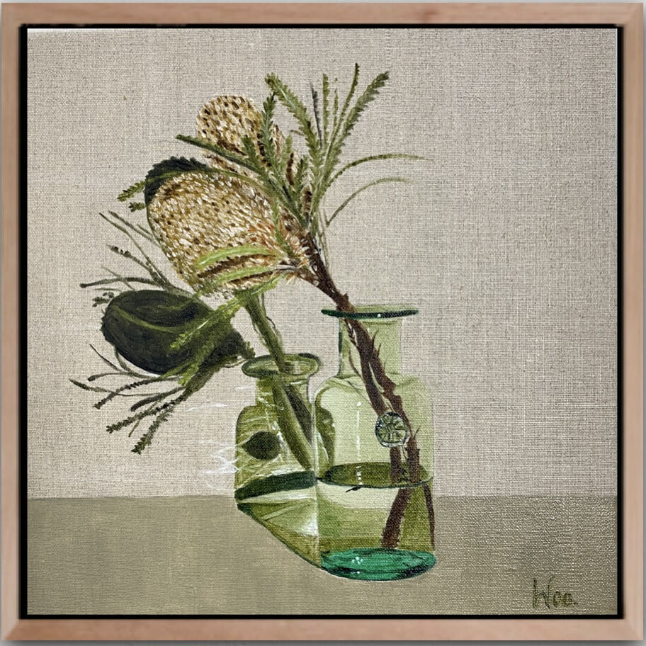 Banksia_in_Glass_30cmx30cmframed_Wendy_Peters