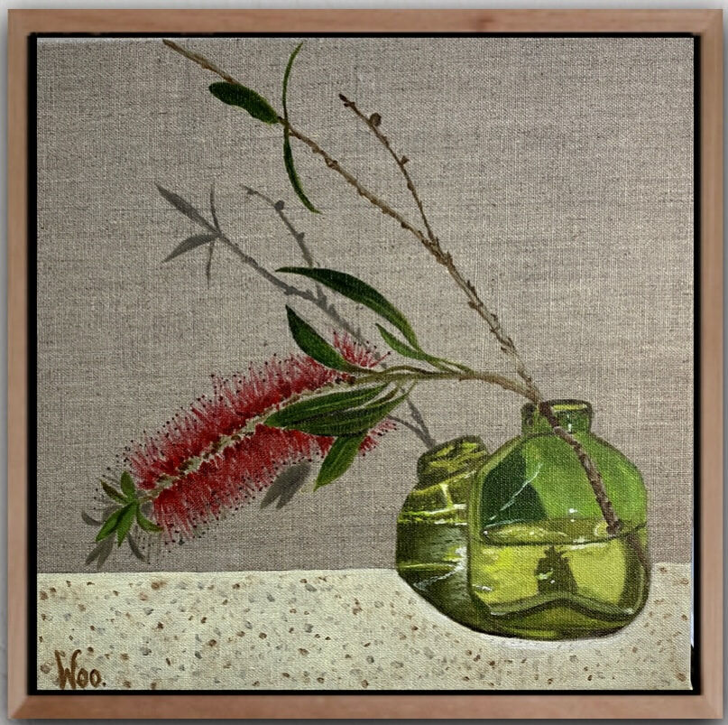 Bottle_and_Brush_30x30_framed_Wendy_Peters