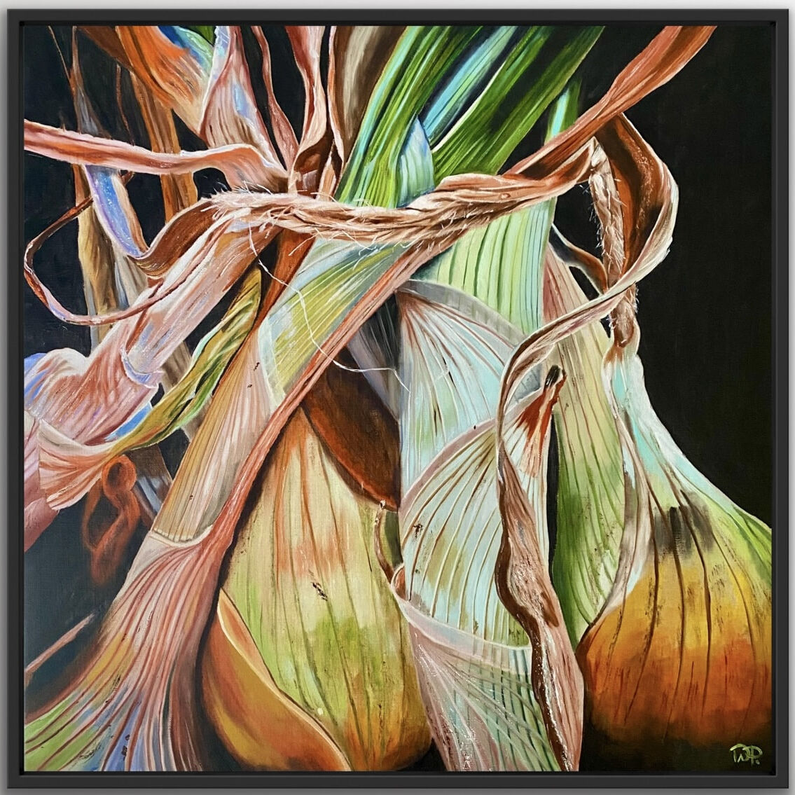 Les-oignons-framed-60x60_oil_wendy_peters